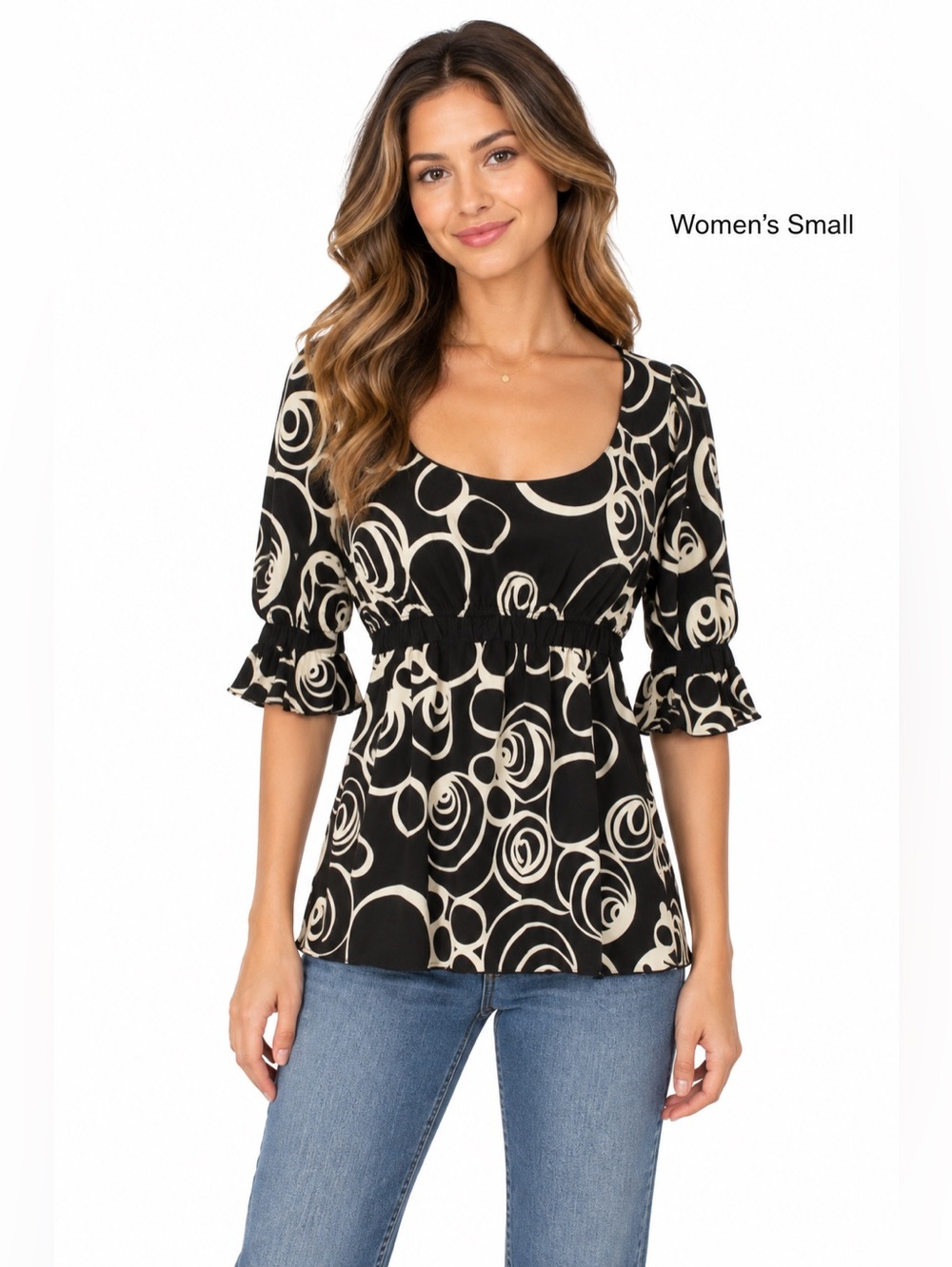 MAX STUDIO Black & Cream Scoop Neck Empire-Waist Top with Circular Pattern